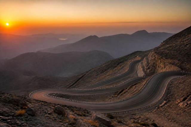 Jebel Jais mountain road at sunset